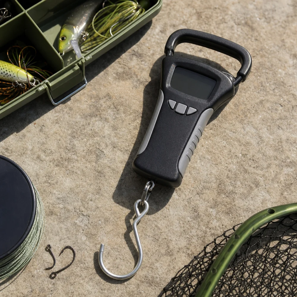 Fishing scale with simple tackle items on a neutral surface