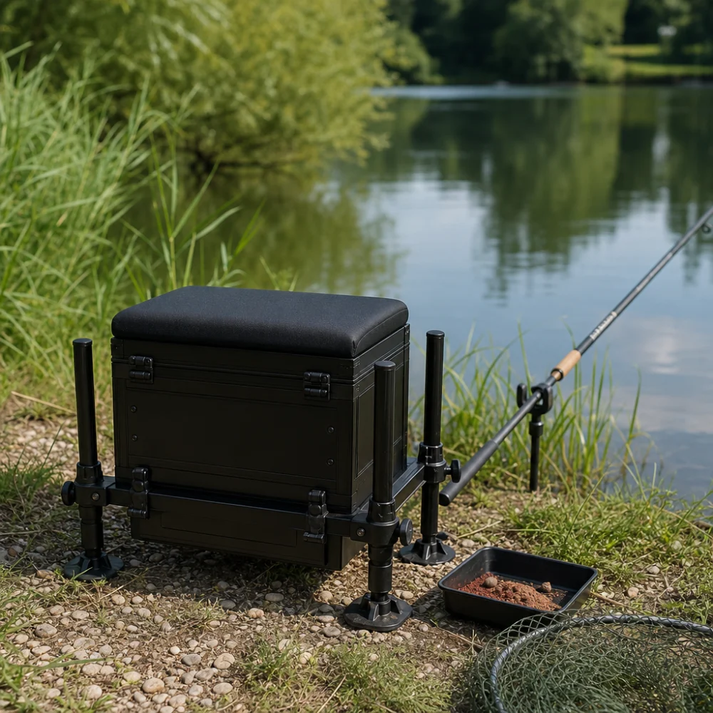 A fishing seat box set up outdoors beside basic fishing gear near the water