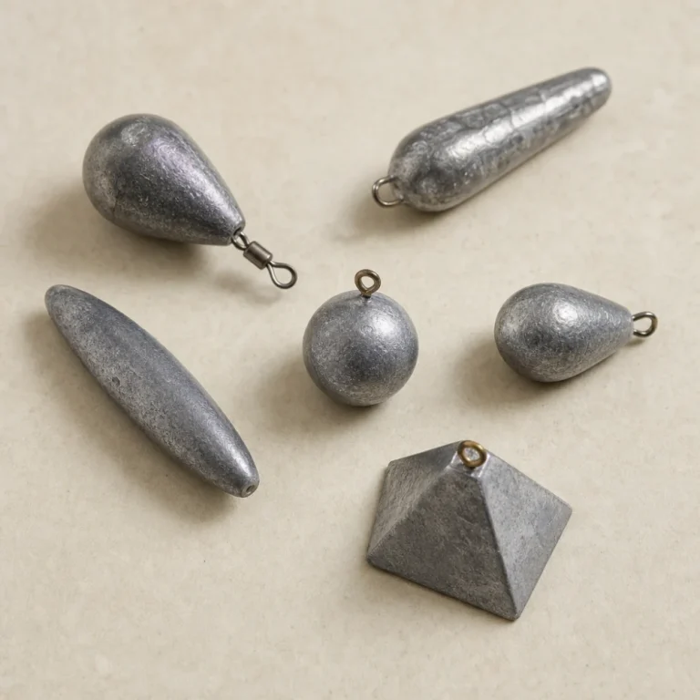 Assorted fishing sinkers arranged on a neutral background.