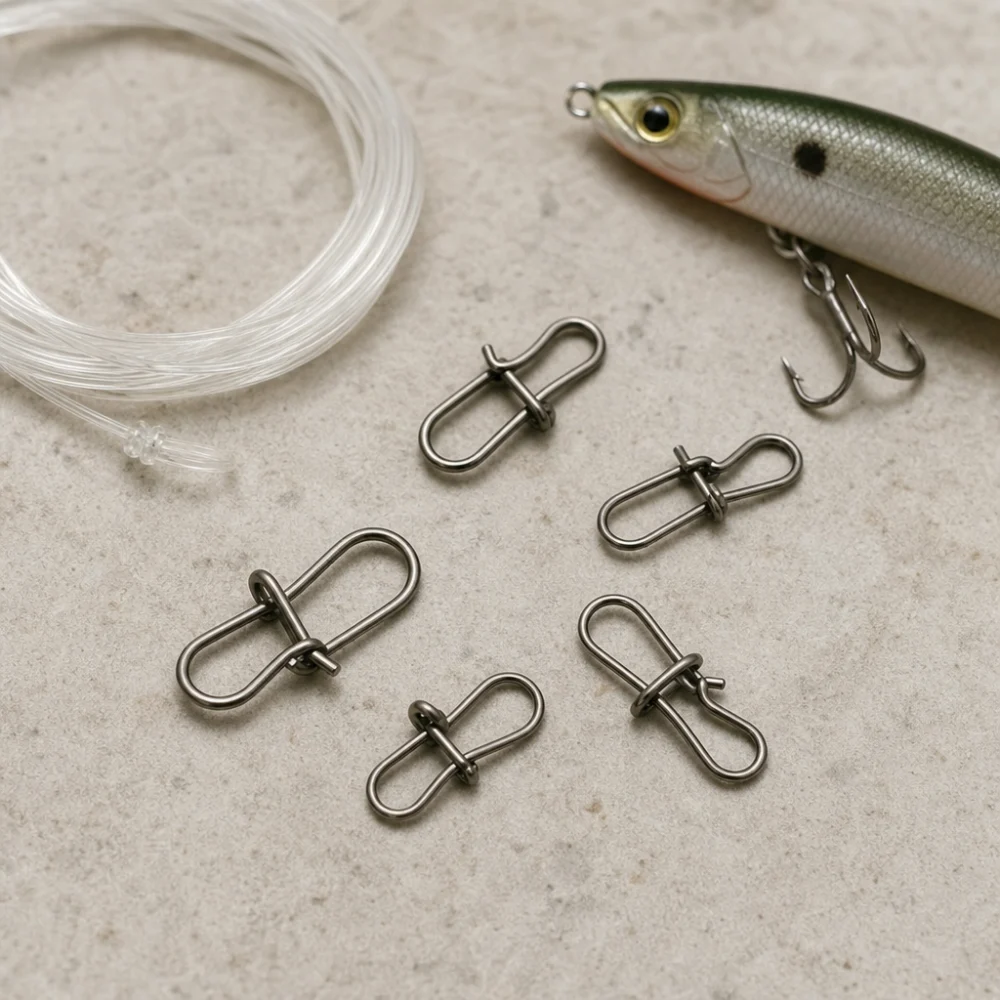 Fishing snaps arranged with fishing line and a lure on a neutral background.