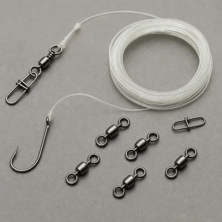 Fishing swivels arranged with fishing line and terminal tackle on a neutral background.