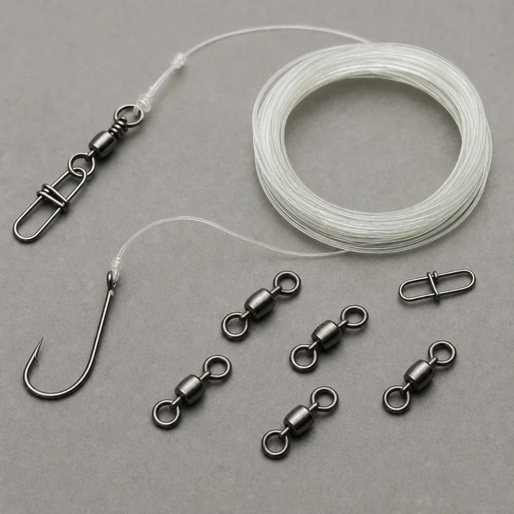 Fishing swivels arranged with fishing line and terminal tackle on a neutral background.