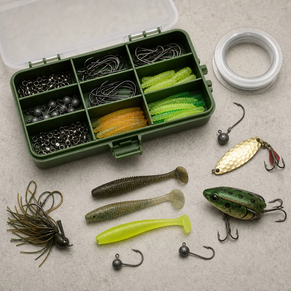 An open fishing tackle kit with neatly organized small fishing accessories on a neutral background.
