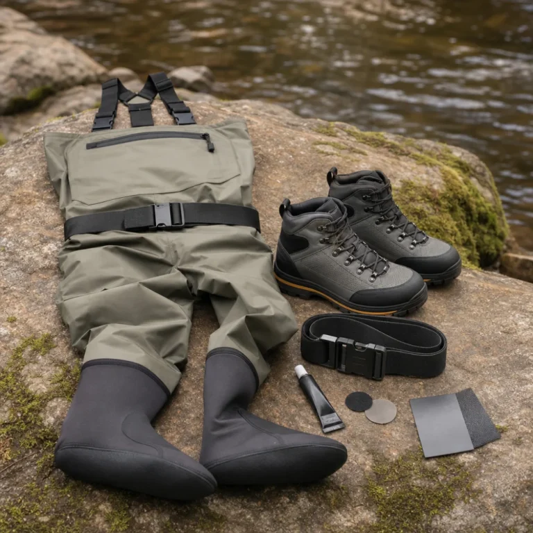 Fishing waders, boots, and accessories arranged on a neutral surface