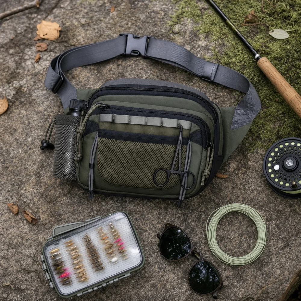 A fishing waist pack shown with a few simple fishing essentials on a neutral surface.