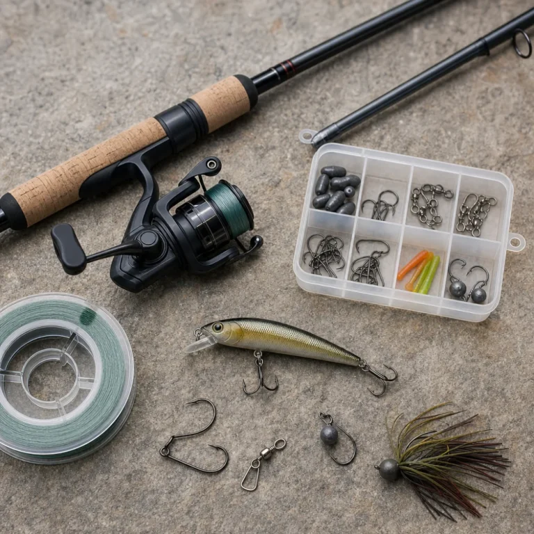 Assorted fishing gear arranged on a neutral background