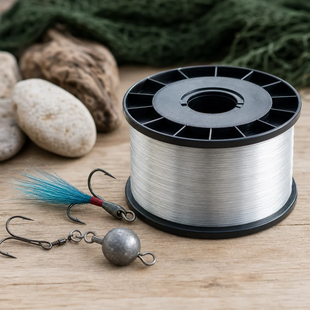 Fishing line spool and basic tackle on a neutral background