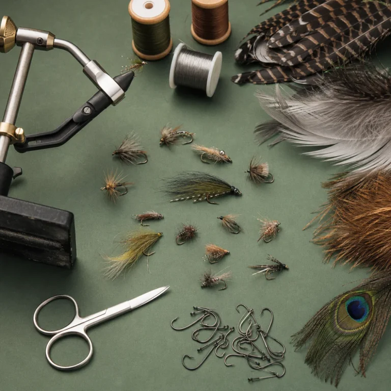 Fishing flies and fly tying tools on a plain background