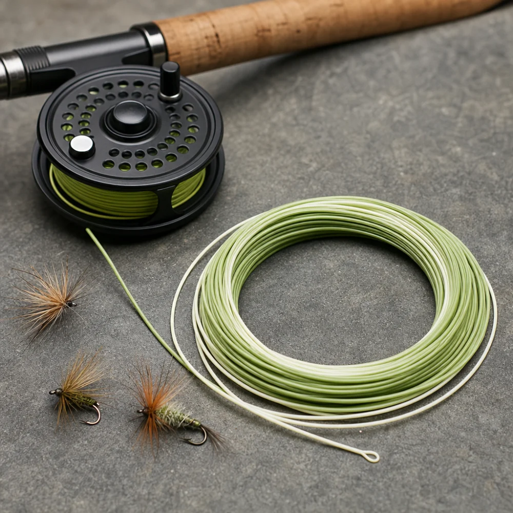 Coiled fly line beside a fly reel and fishing flies on a neutral background.