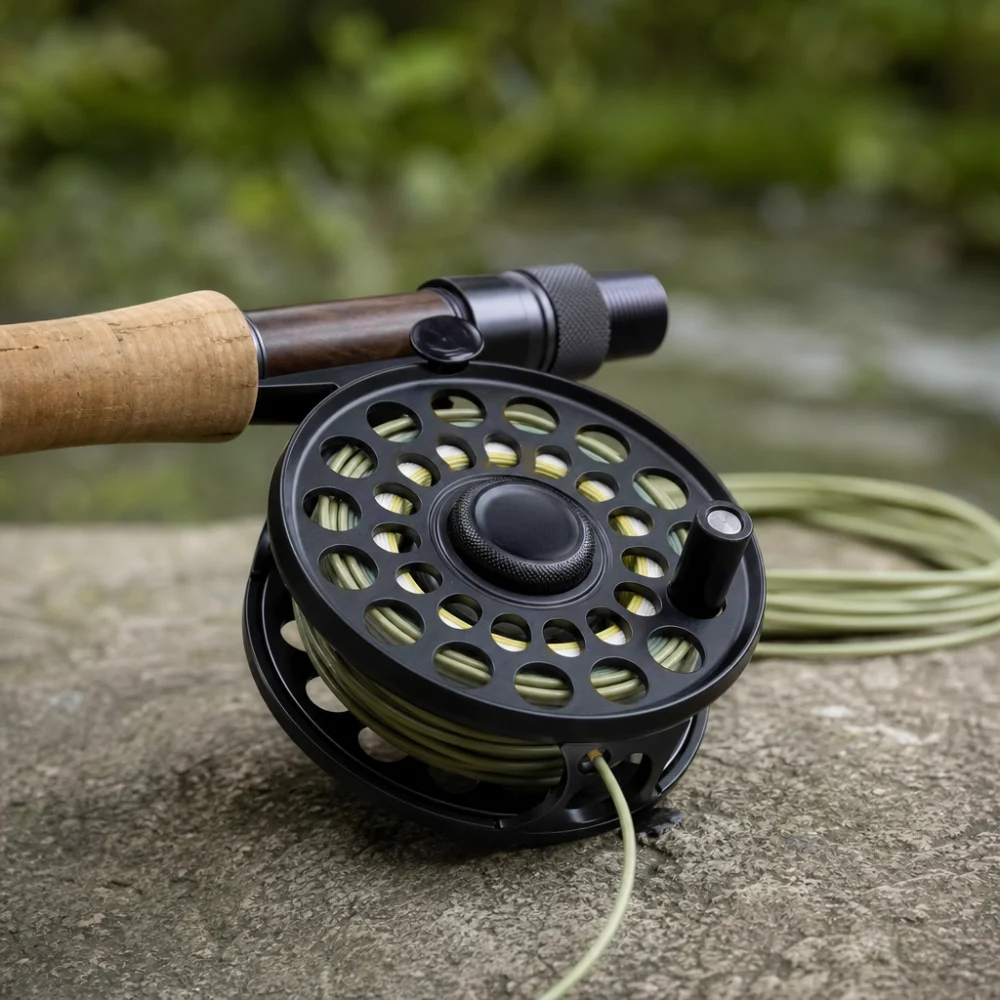 A fly reel next to a fly rod and line on a neutral background