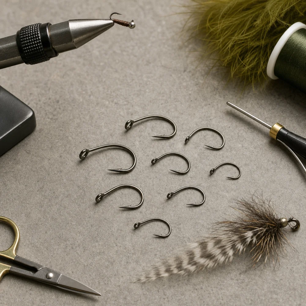 Assorted fly tying hooks arranged on a neutral surface near basic fly tying materials.