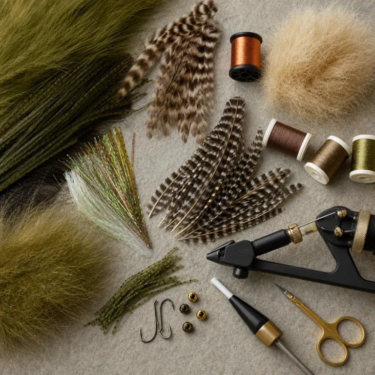 Assorted fly tying materials arranged on a neutral surface