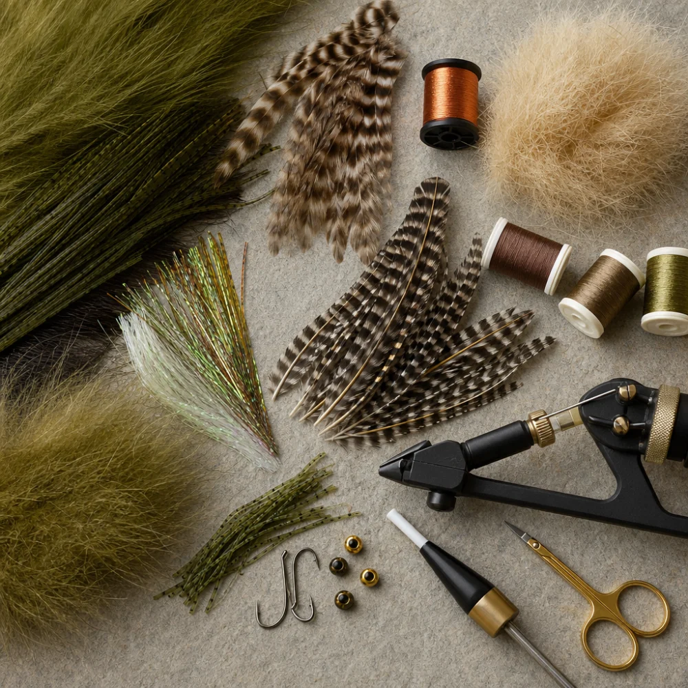 Assorted fly tying materials arranged on a neutral surface