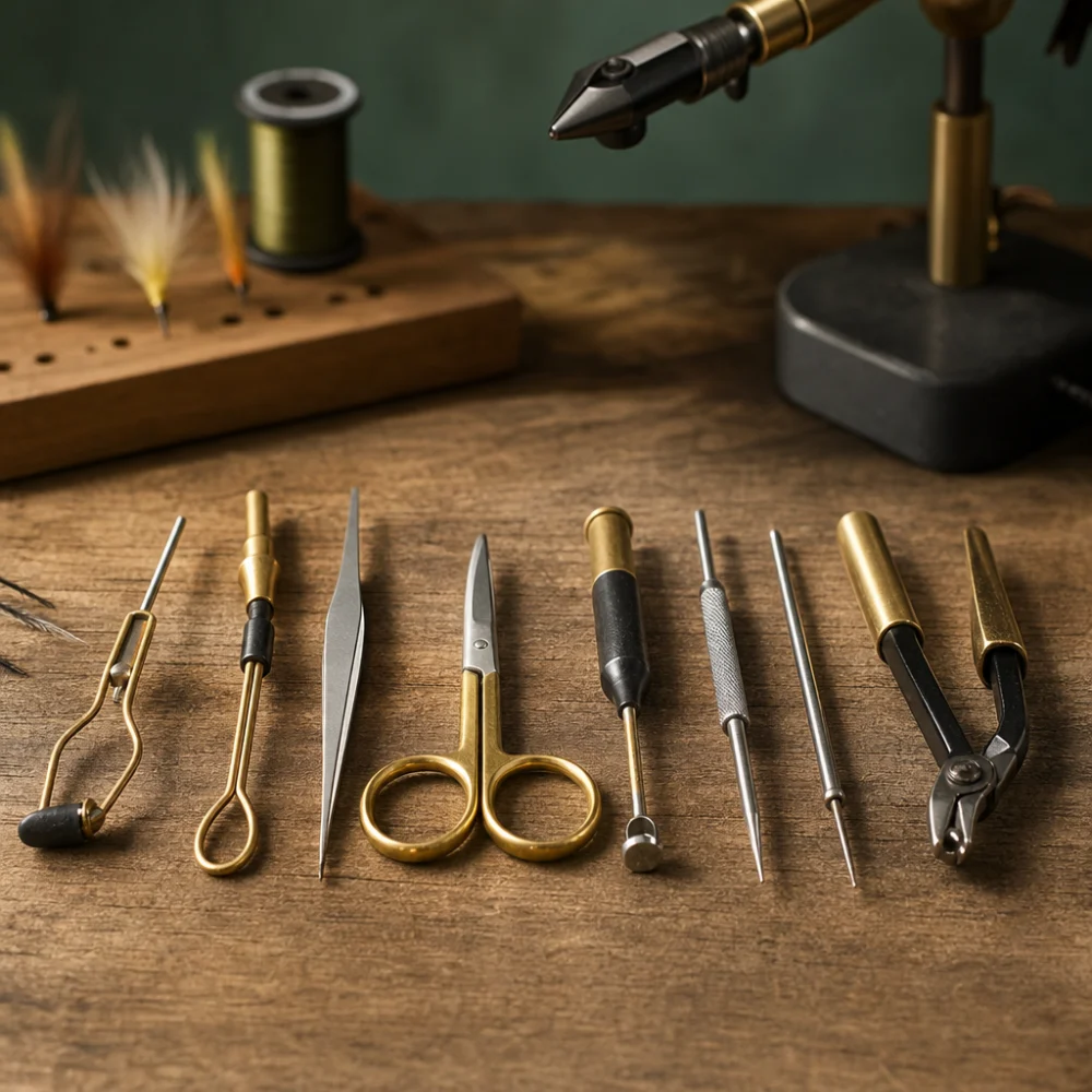 Close-up of several generic fly tying tools laid out for comparison