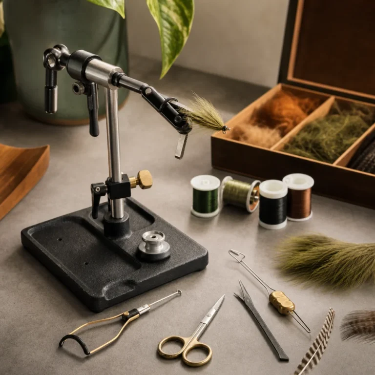 A neat arrangement of generic fly tying tools on a work surface