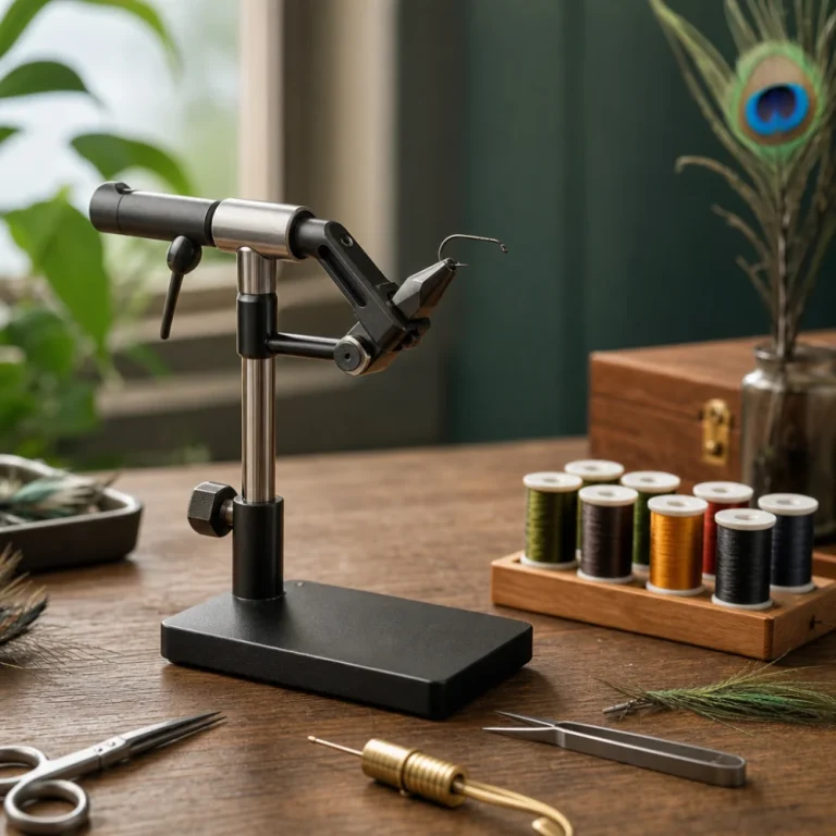 Fly tying vise holding a hook on a tidy tying bench
