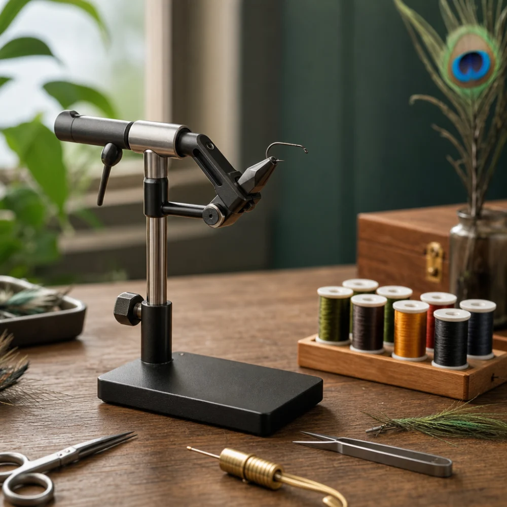 Fly tying vise holding a hook on a tidy tying bench