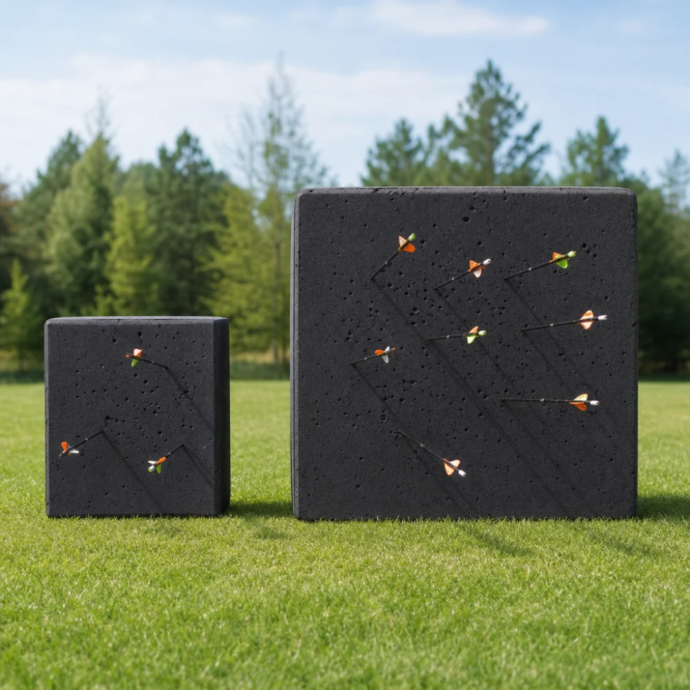 Two foam block archery targets of different sizes shown side by side
