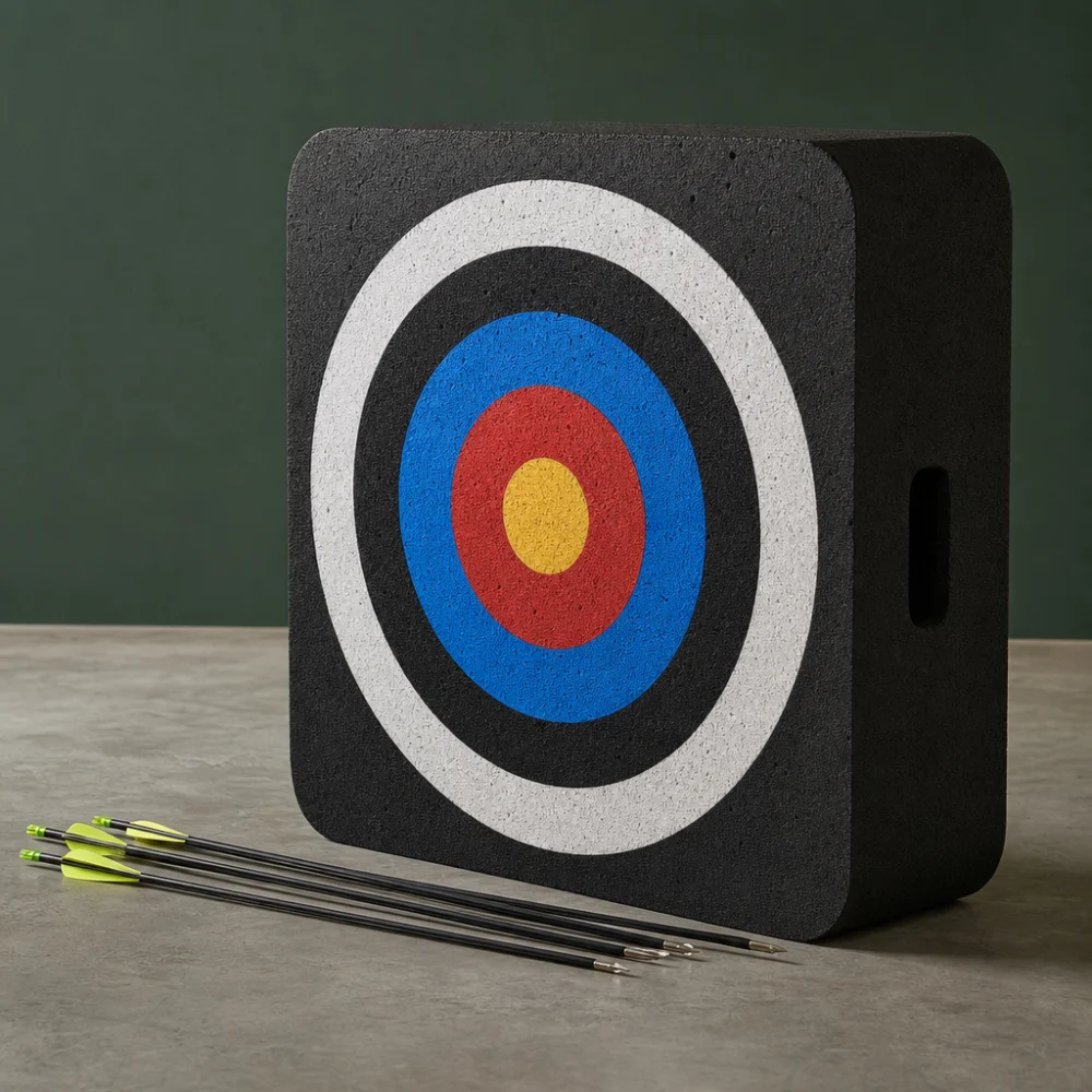 A foam block archery target with a few unbranded arrows on a plain background