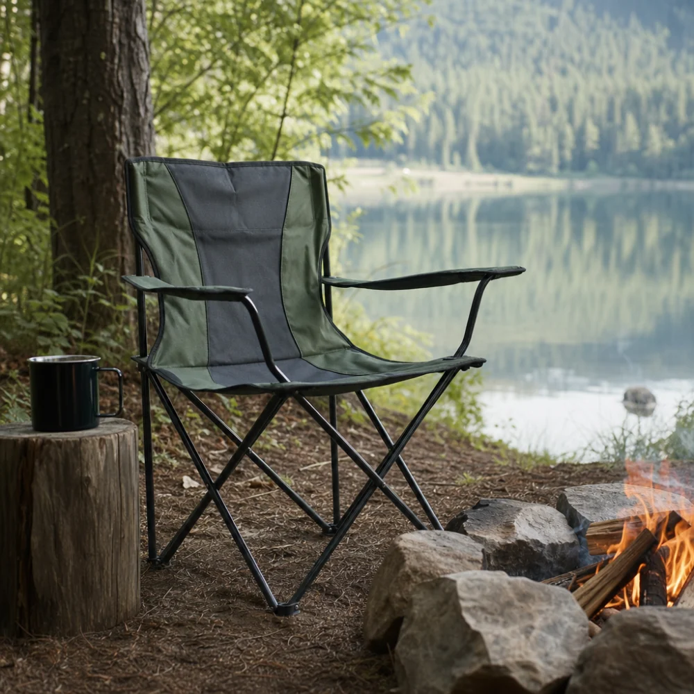 A folding camp chair set up at a campsite beside simple outdoor gear.