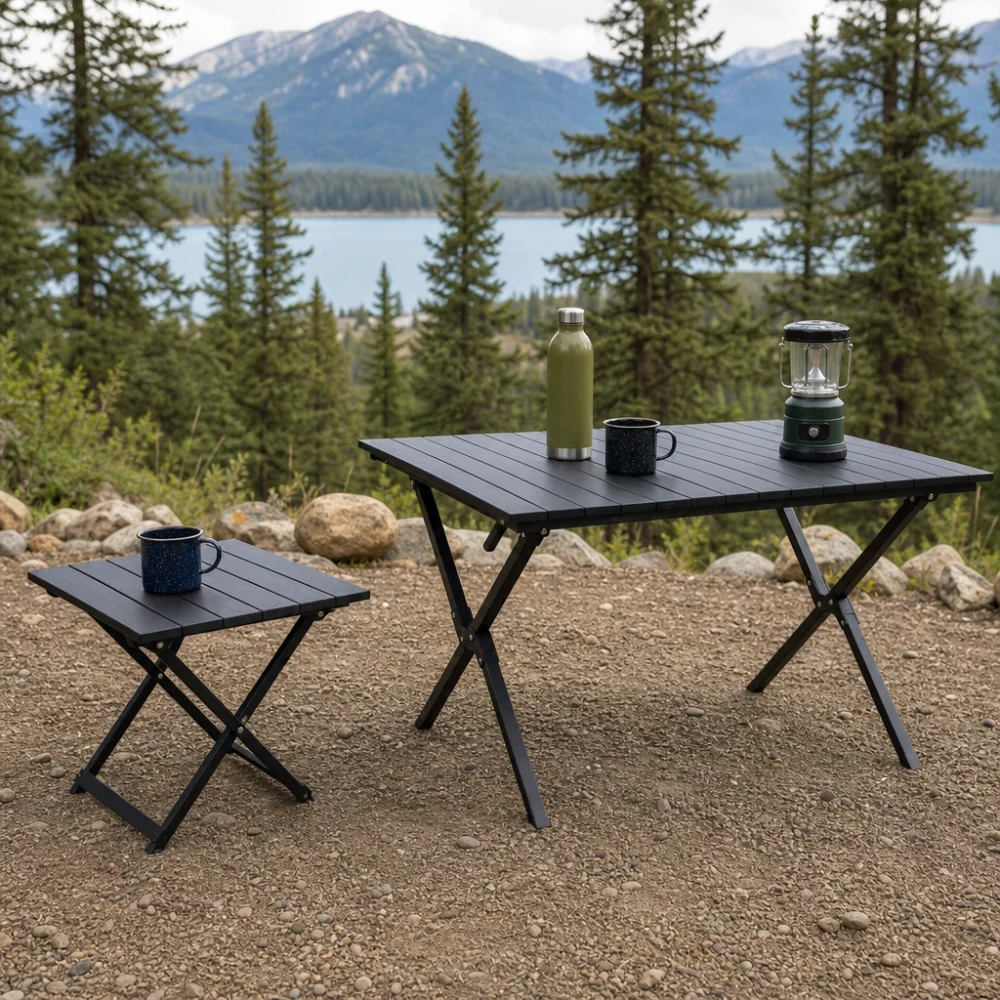 Two generic folding camp table styles shown side by side