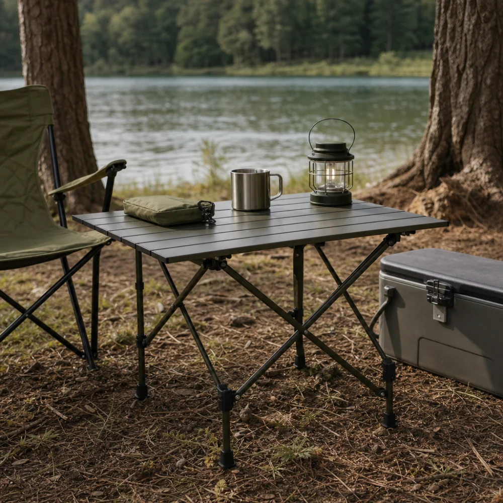 A folding camp table set up outdoors beside basic camping gear