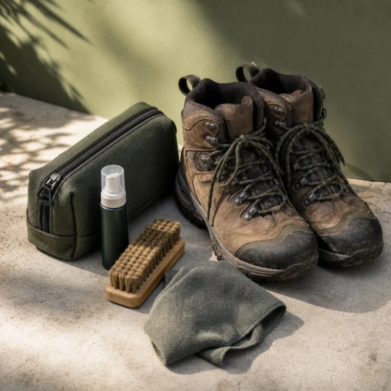 Outdoor boots with shoe care items and a storage pouch