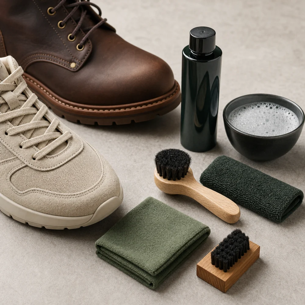 A generic footwear cleaning kit with brushes and cloths beside unbranded shoes and boots