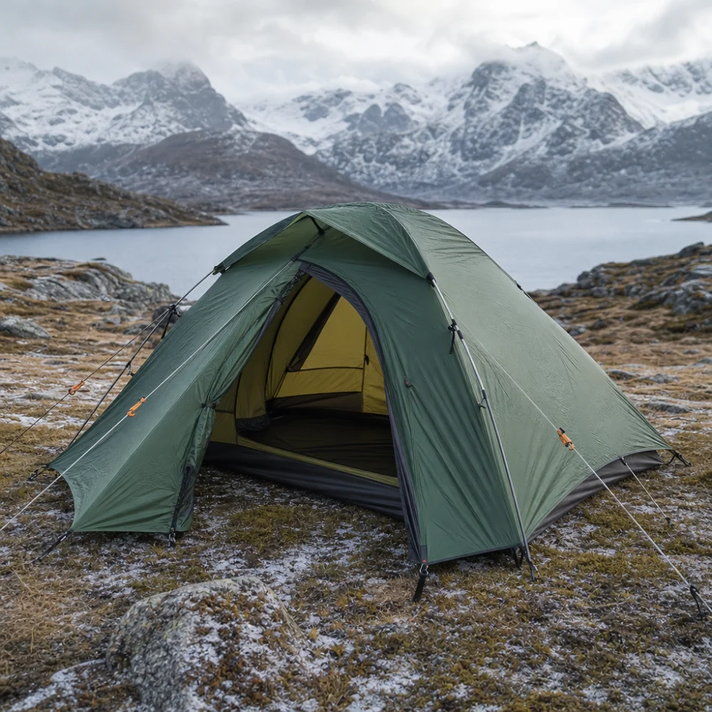A four-season tent set up in a rugged campsite under overcast conditions.