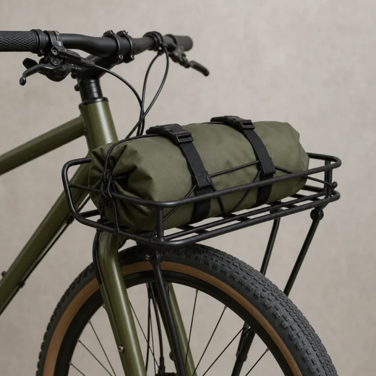 A front bike rack mounted on a bicycle with light cargo