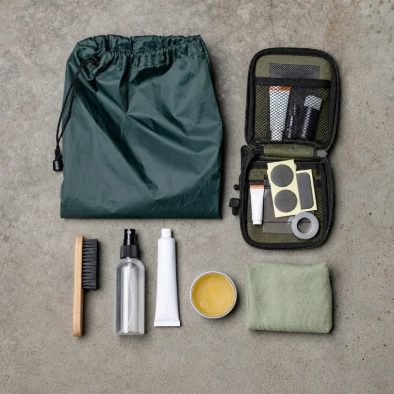Assorted outdoor gear care and repair supplies arranged on a neutral background.