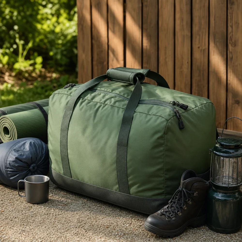 A gear hauling bag with camping equipment laid out beside it