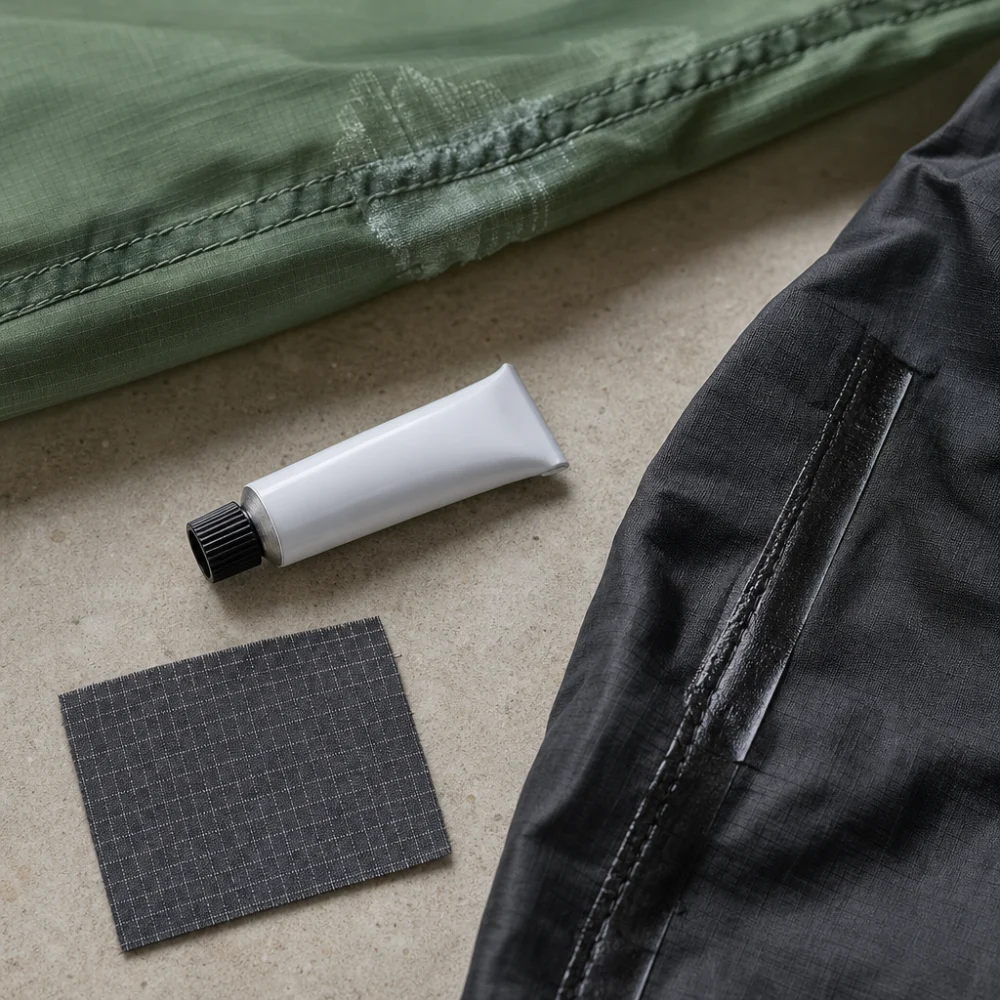 Generic outdoor repair adhesive tube beside fabric swatches and a small repaired seam sample.