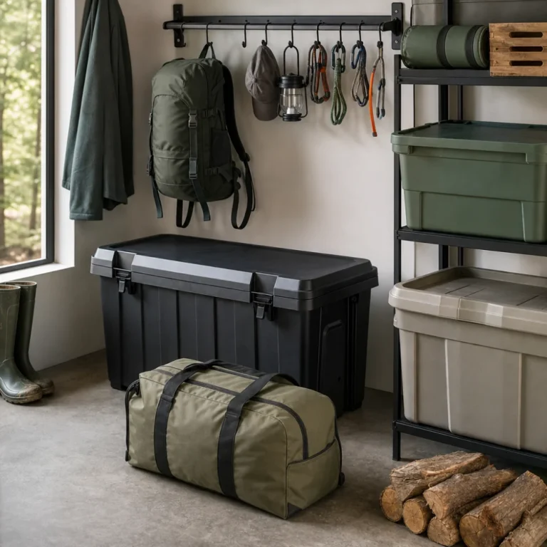 Outdoor gear storage containers and rack arranged in a utility space