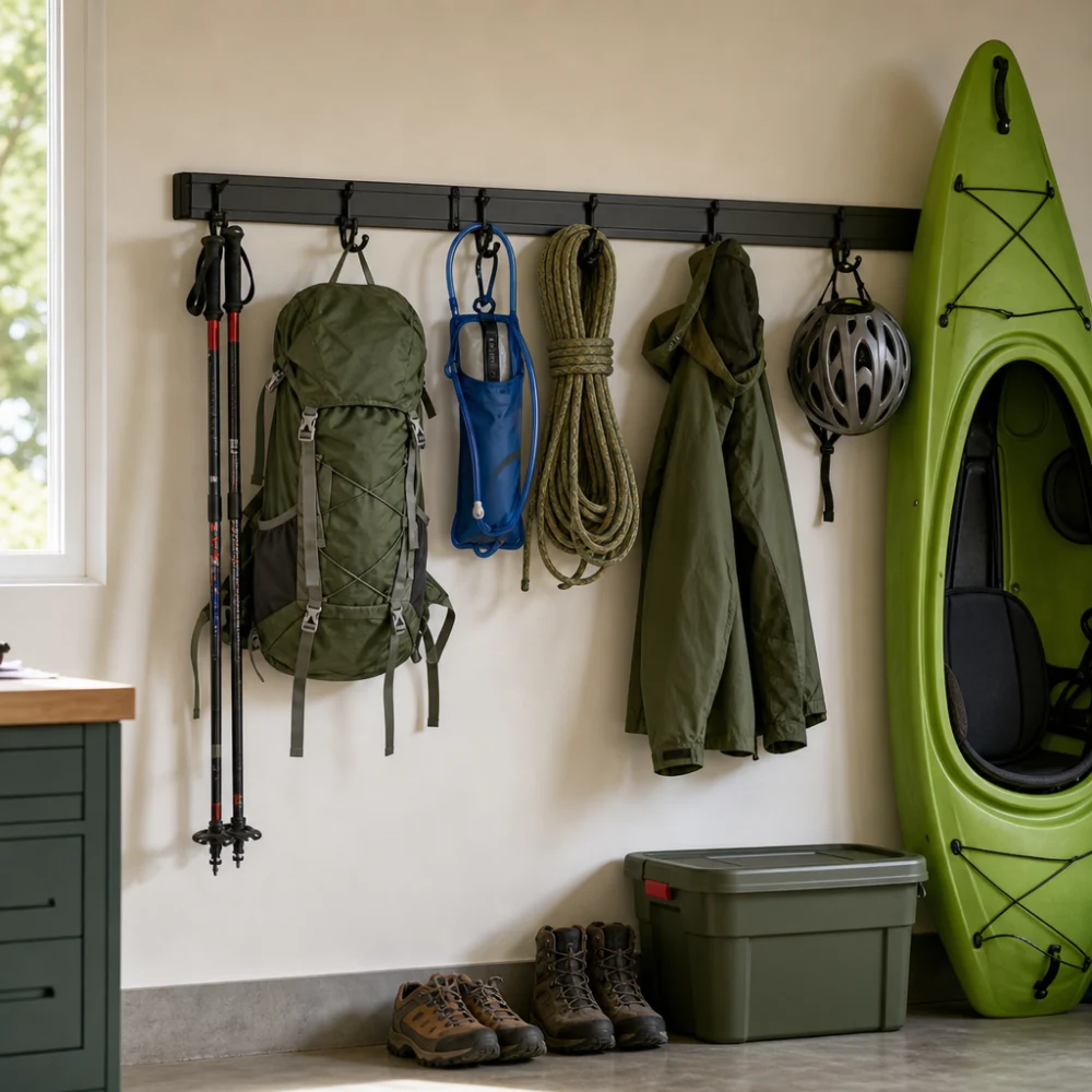 Wall-mounted gear rack organizing outdoor equipment in a garage
