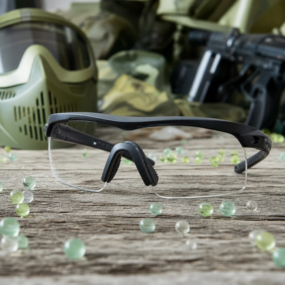Protective eyewear for gel blaster play on a neutral background