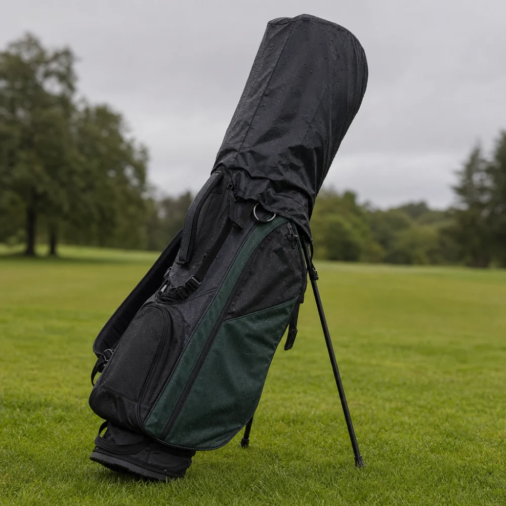 Golf bag with a rain cover fitted for wet weather