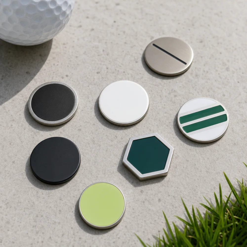 Several generic golf ball markers arranged on a neutral background