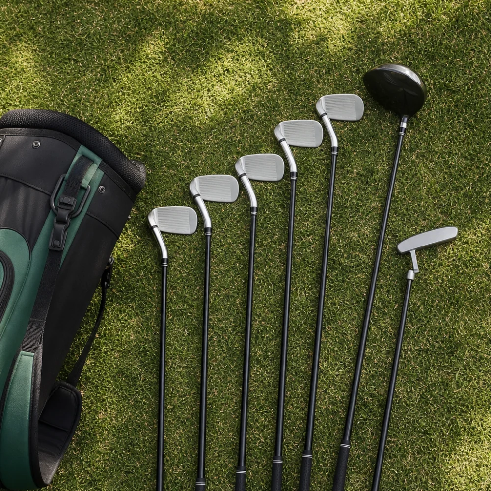 A generic golf club set with a golf bag arranged on grass.