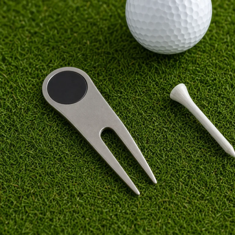 A golf divot tool laid beside a golf ball and tee on green turf.