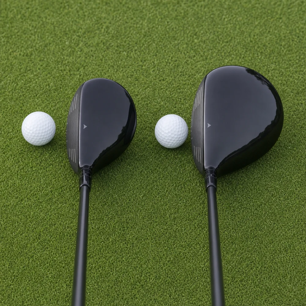 Two golf driver head shapes compared at address