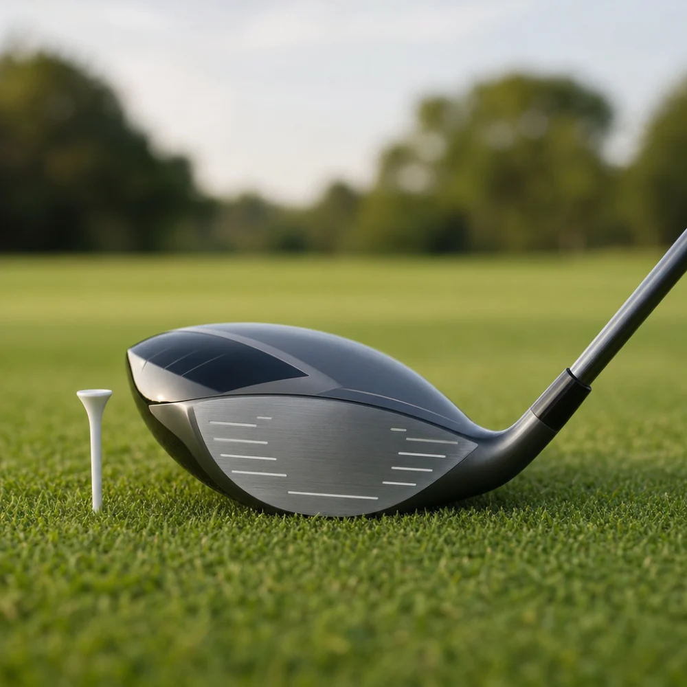 A golf driver resting on grass beside a tee