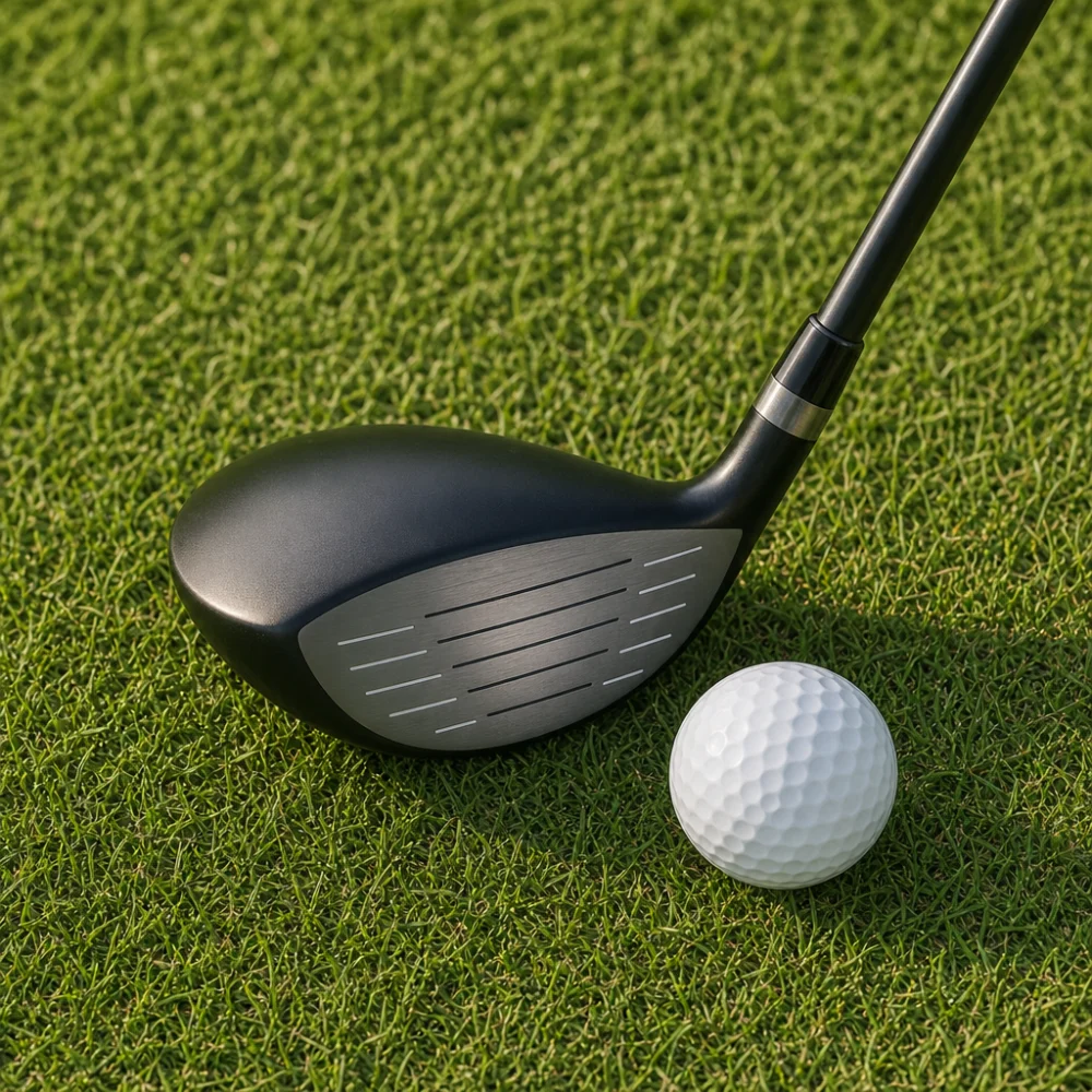 A golf fairway wood resting on short grass beside a golf ball.