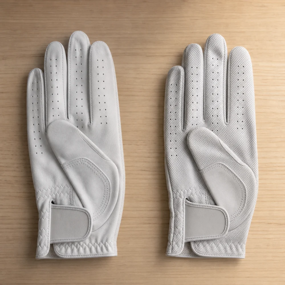 Two golf gloves laid side by side to compare material and texture