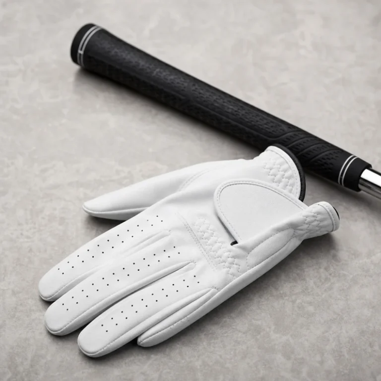 A golf glove displayed beside a golf club grip on a neutral background