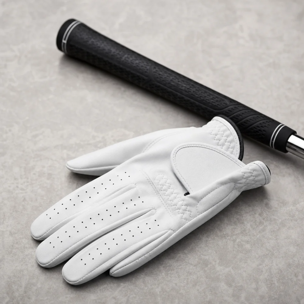 A golf glove displayed beside a golf club grip on a neutral background