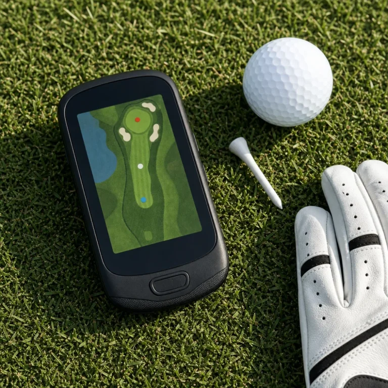 A golf GPS device next to a golf ball and tee on grass.