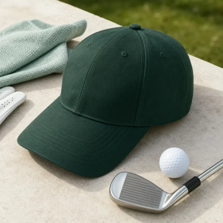 A generic golf hat shown in a simple golf-related flat lay