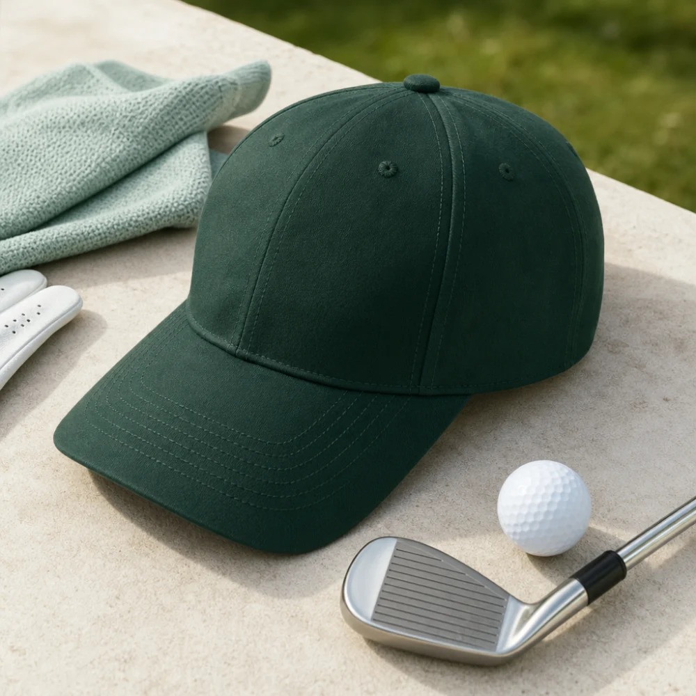 A generic golf hat shown in a simple golf-related flat lay