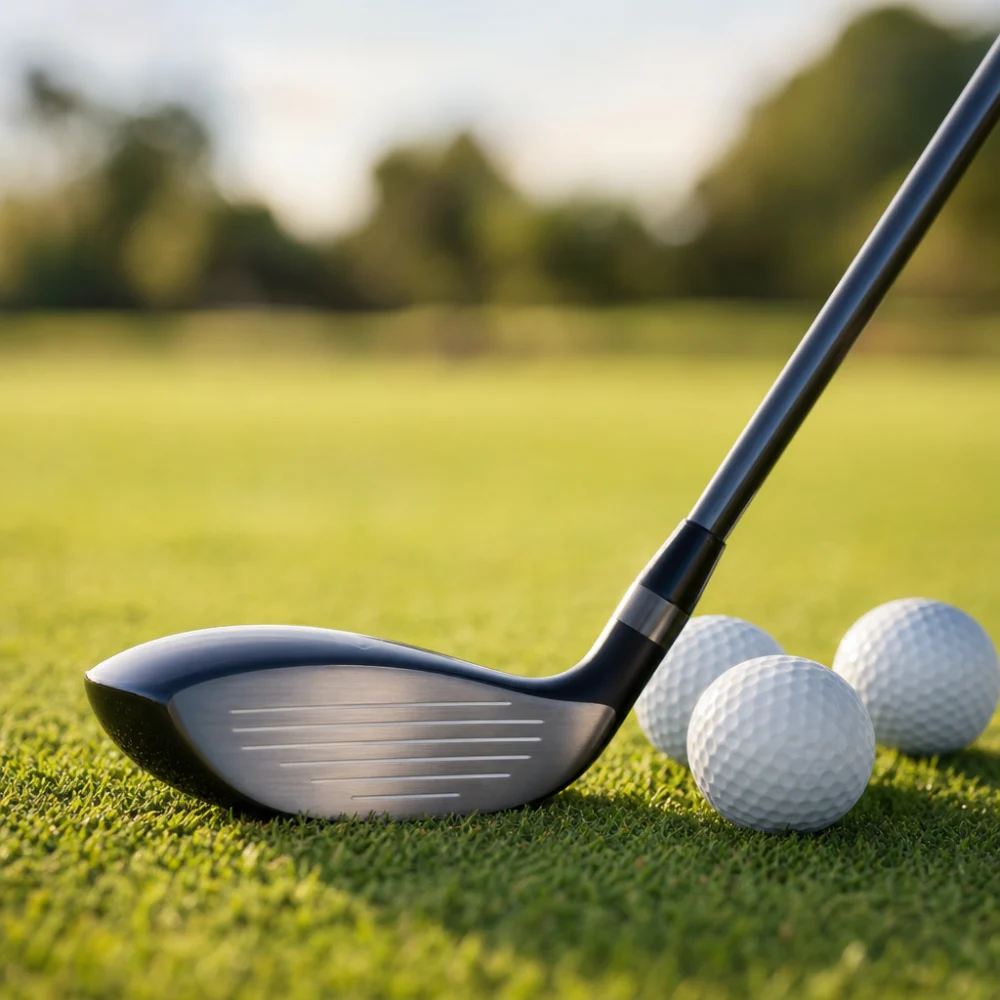 A golf hybrid club resting on grass next to golf balls.